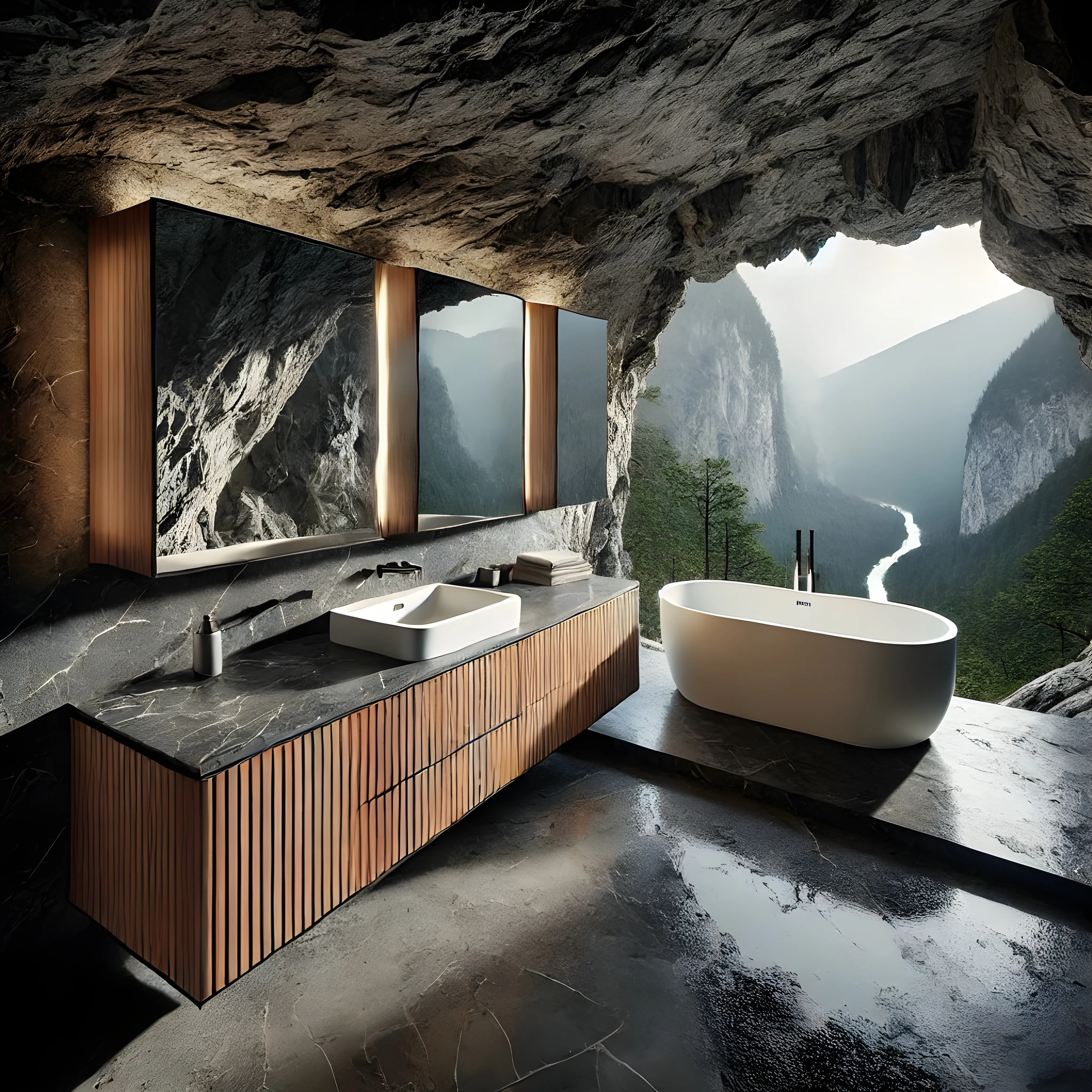 KI-generiertes Bild eines Badezimmers mit freistehender Badewanne in einer Felshöhle hoch über einem Flusstal. 