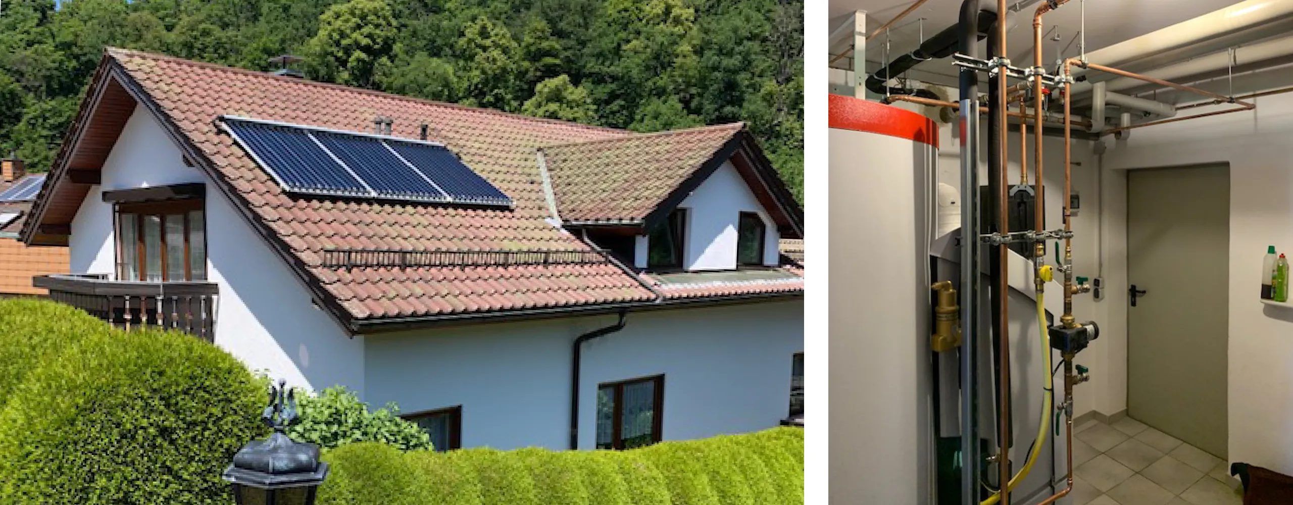 Collage mit Mehrfamilienhaus und Heizungsanlage.