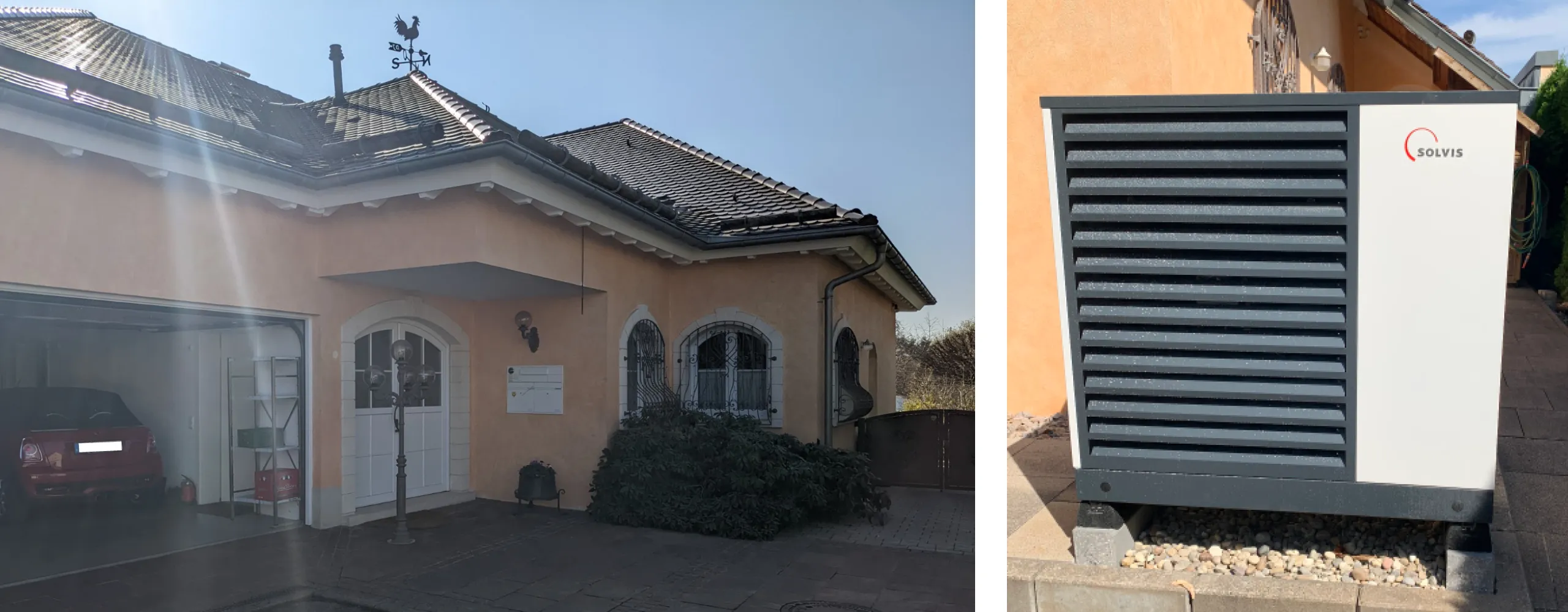Collage aus einem mediterannen Wohnhaus mit einer modernen Hybridheizung aus SolvisBen und SolvisMia.