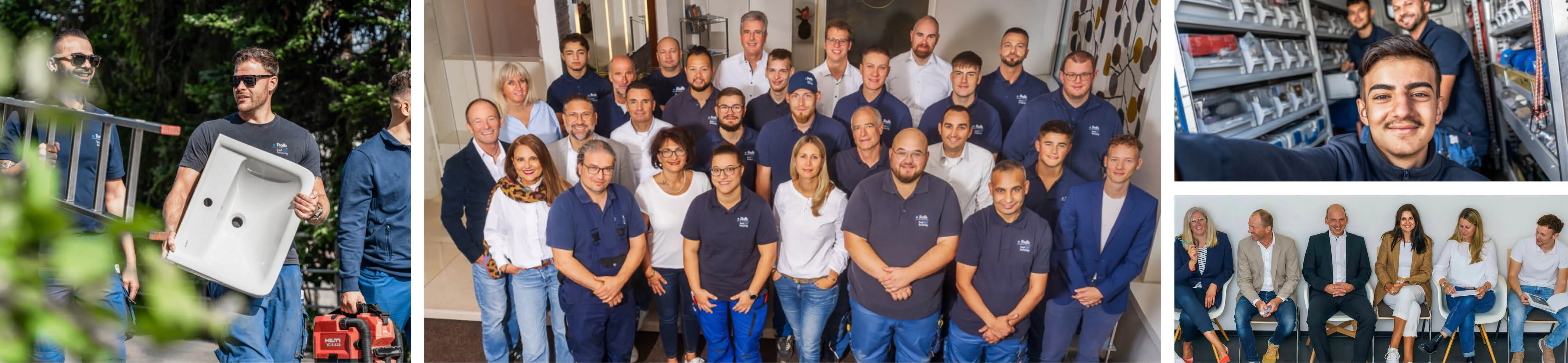 Eine Collage zeigt Mitarbeitende beim Tragen von Materialien, ein großes Teamfoto, Mitarbeiter im Lager sowie eine sitzende Gruppe in einem Besprechungsraum.