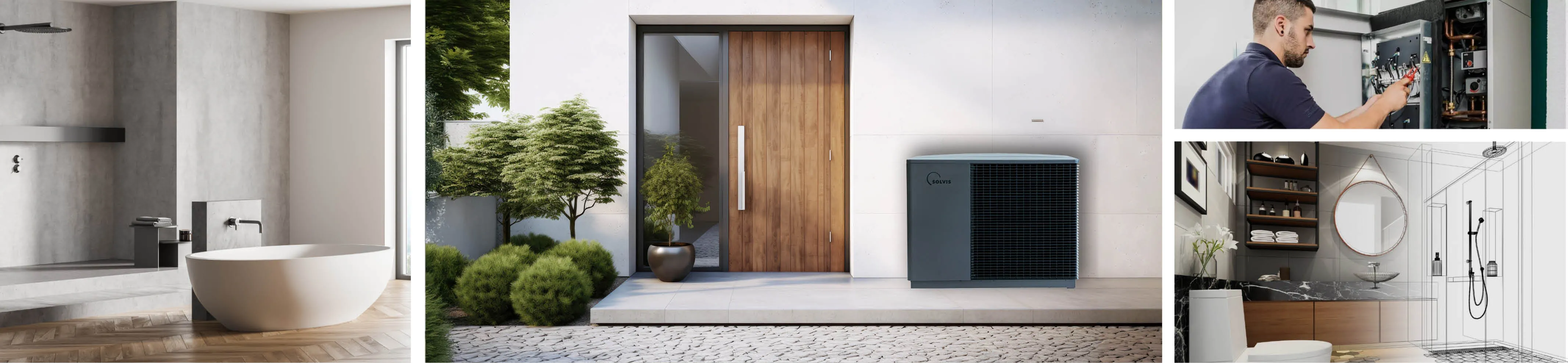 Modernes Badezimmer, Wärmepumpe SolvisLea Pro und Heizungsmonteur bei der Installation moderner Haustechnik.