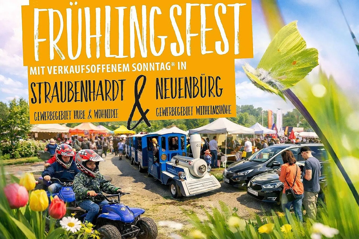 Flyer vom Frühlingsfest Straubenhardt & Neuenbürg auf denen Menschen, Zelte und verschieden Aktivitäten abgegbildet sind.