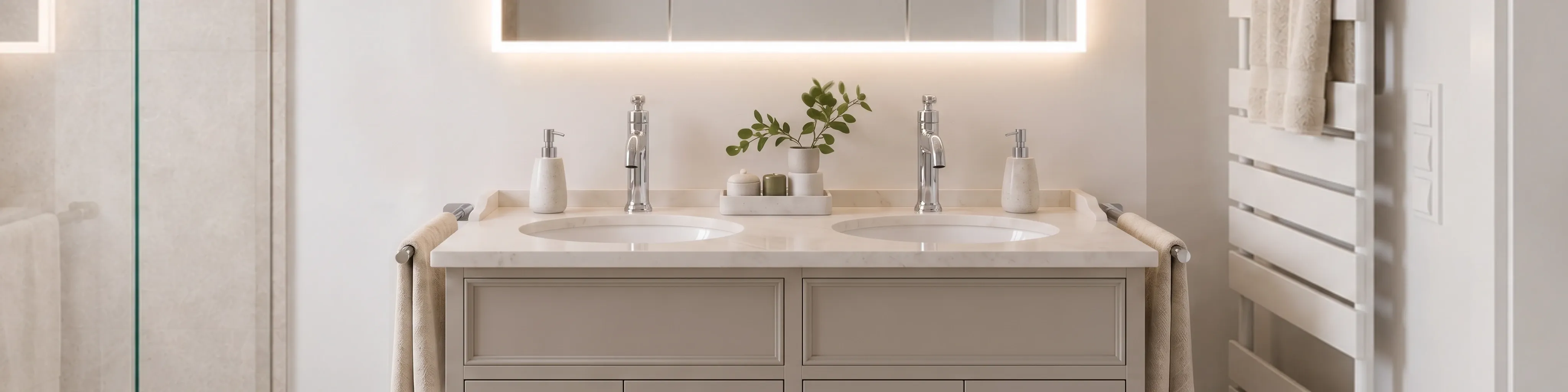 Modernes Premium‑Duschbad mit Doppelwaschtisch, rahmenloser Glasdusche und luxuriöser Atmosphäre auf 6 m²
