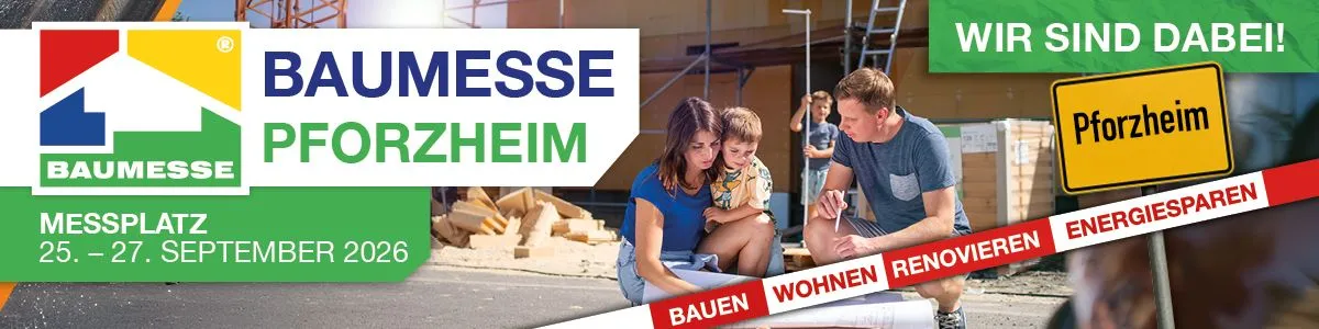 Fotocollage bewirbt die Baumesse mit Foto von einer Familie vor ihrem Haus.