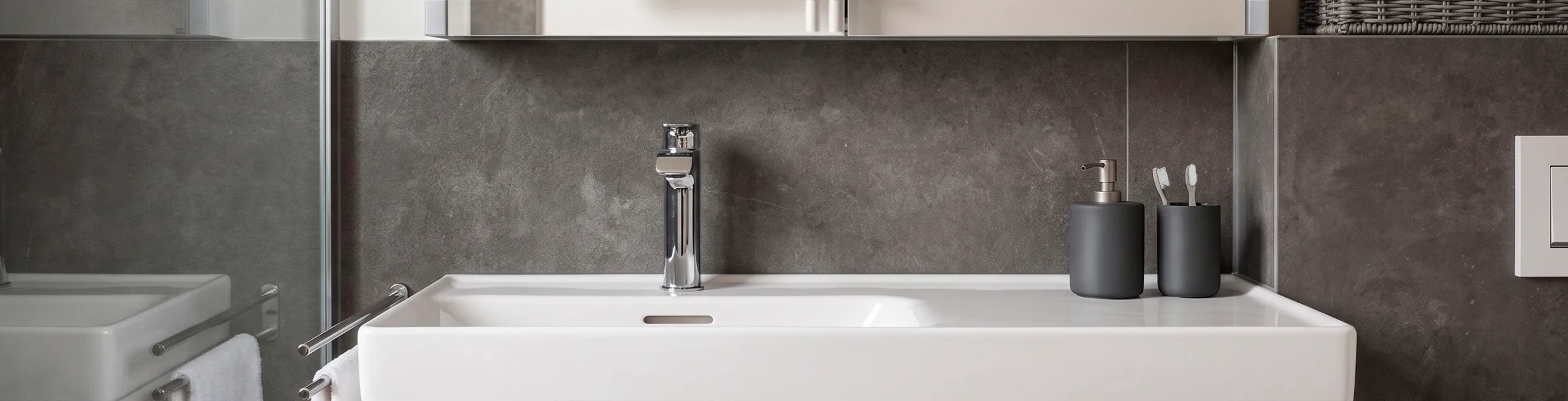 Graues Designbad mit bodengleicher Dusche