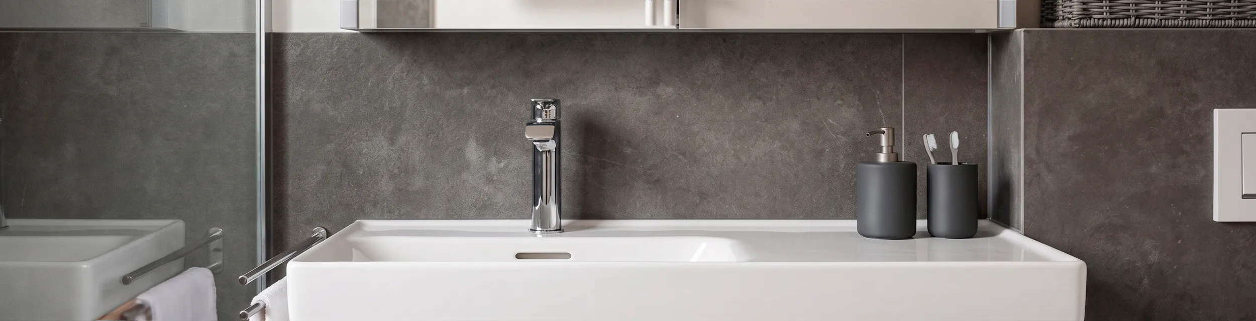 Graues Designbad mit bodengleicher Dusche