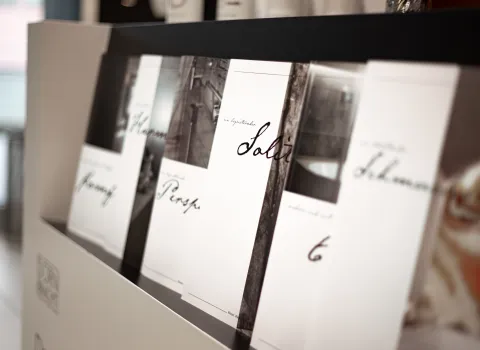 Eine Reihe von Hochglanz-Broschüren steht in einem Displayregal, wobei auf den Covern stilvolle Schriftzüge und Schwarz-Weiß-Bilder von Bädern und Materialien zu sehen sind. 