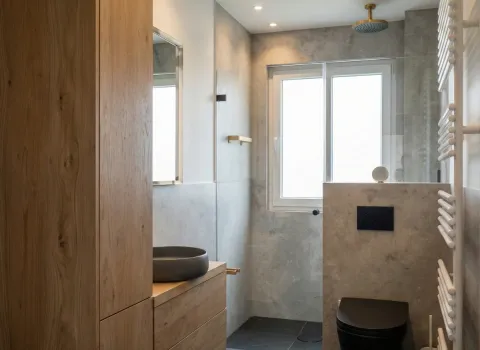 Stilvolles Duschbad mit Holzwaschtisch, schwarzem Aufsatzbecken und goldener Armatur.