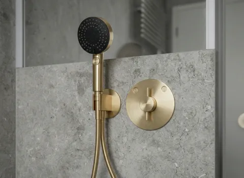 Duschbad mit Charakter, Handbrause mit schwarzer Front, goldfarbenem Griff und eleganter Wandarmatur.