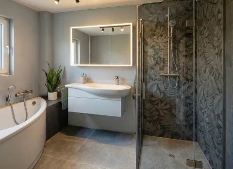 Stilvolles Vollbad mit freistehender Wanne, Glasdusche und dekorativer Wandgestaltung.