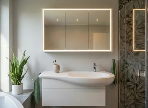 Komfortables Vollbad mit LED-Spiegel, geschwungenem Waschtisch und moderner Chromarmatur.