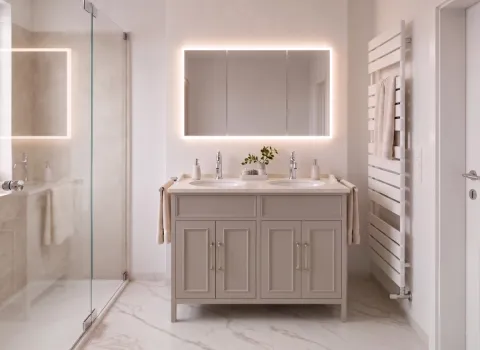 Luxuriöses Duschbad mit rahmenloser Glasdusche, Travertin‑Details und harmonischer Lichtgestaltung