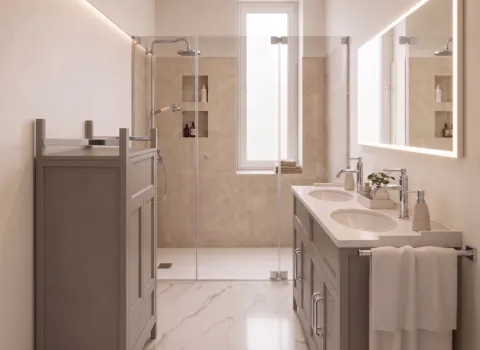 Zeitloses Premium‑Duschbad mit Marmoroptik, integriertem Stauraum und europäischem Flair