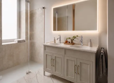 Premium‑Duschbad mit Doppelwaschtisch, rahmenloser Glasdusche und eleganter Marmoroptik