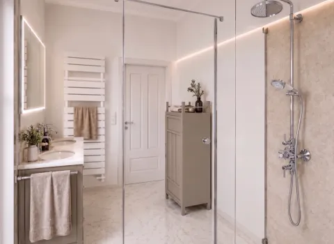 Luxuriöses Duschbad mit rahmenloser Glasdusche, Travertin‑Details und eleganter Raumstruktur