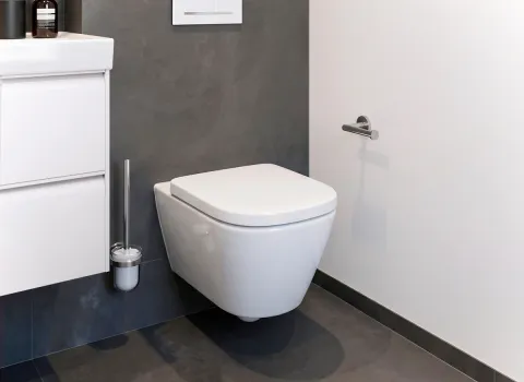 Wandhängendes WC mit Spülplatte und grauer Wand