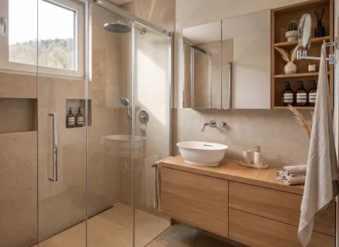 Holzwaschtisch mit Aufsatzwaschbecken und Spiegelschrank