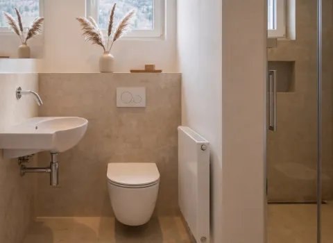 Walk‑in‑Dusche mit Glasabtrennung neben WC‑Bereich