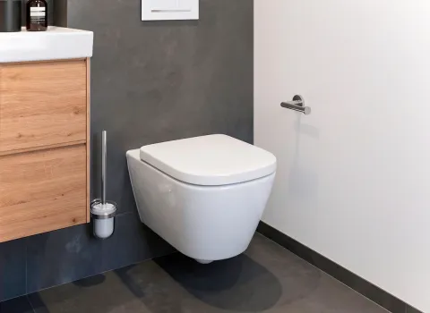 Wandhängendes WC mit Spülplatte und grauer Wand