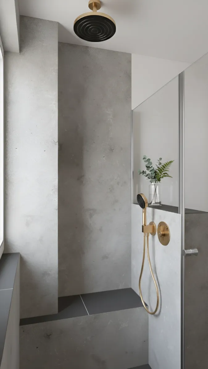 Stilvolles Duschbad mit Charakter, kreisförmigem Duschkopf, Natursteinoptik und harmonischem Lichteinfall.