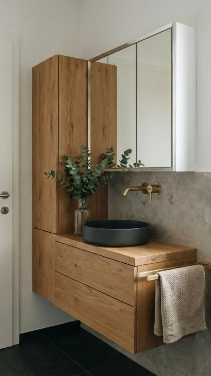 Duschbad mit Charakter, Holzwaschtisch mit schwarzem Aufsatzbecken, grauer Steinrückwand und eleganter Messingarmatur.