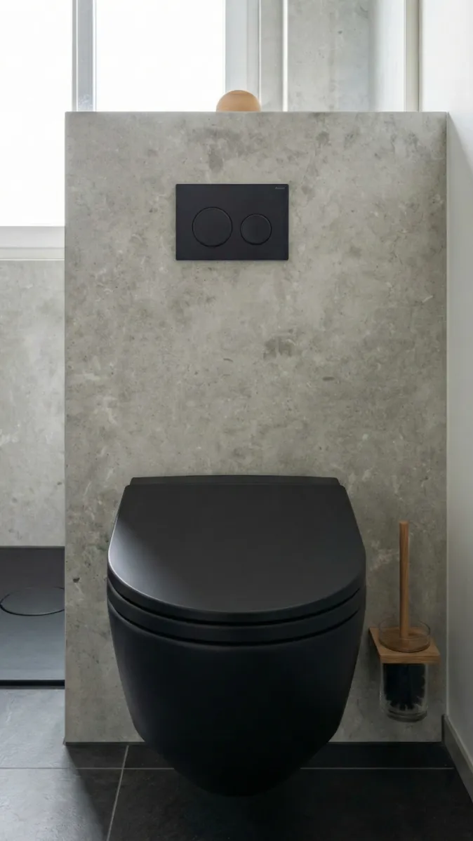 Duschbad mit Charakter, schwarzes Wand-WC mit Spültechnik, grauer Steinwand und dekorativem Zubehör.