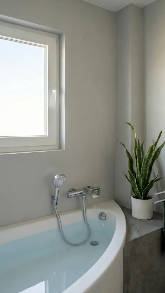 Weiße Wanne mit Wandarmatur und natürlichem Lichteinfall