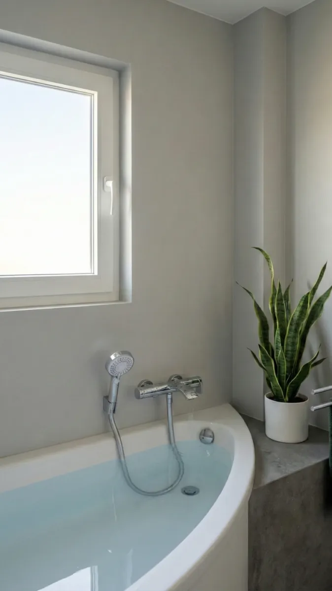 Weiße Wanne mit Wandarmatur und natürlichem Lichteinfall