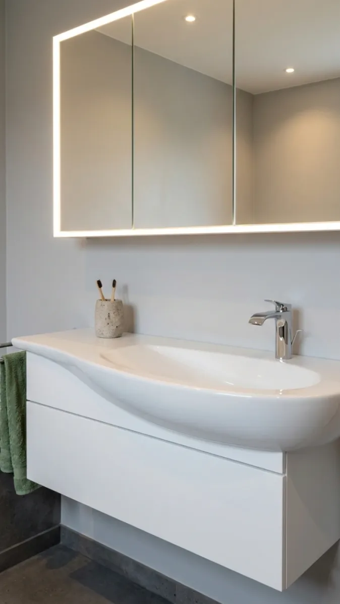 Eleganter Waschtisch mit LED-Spiegel und Chromarmatur