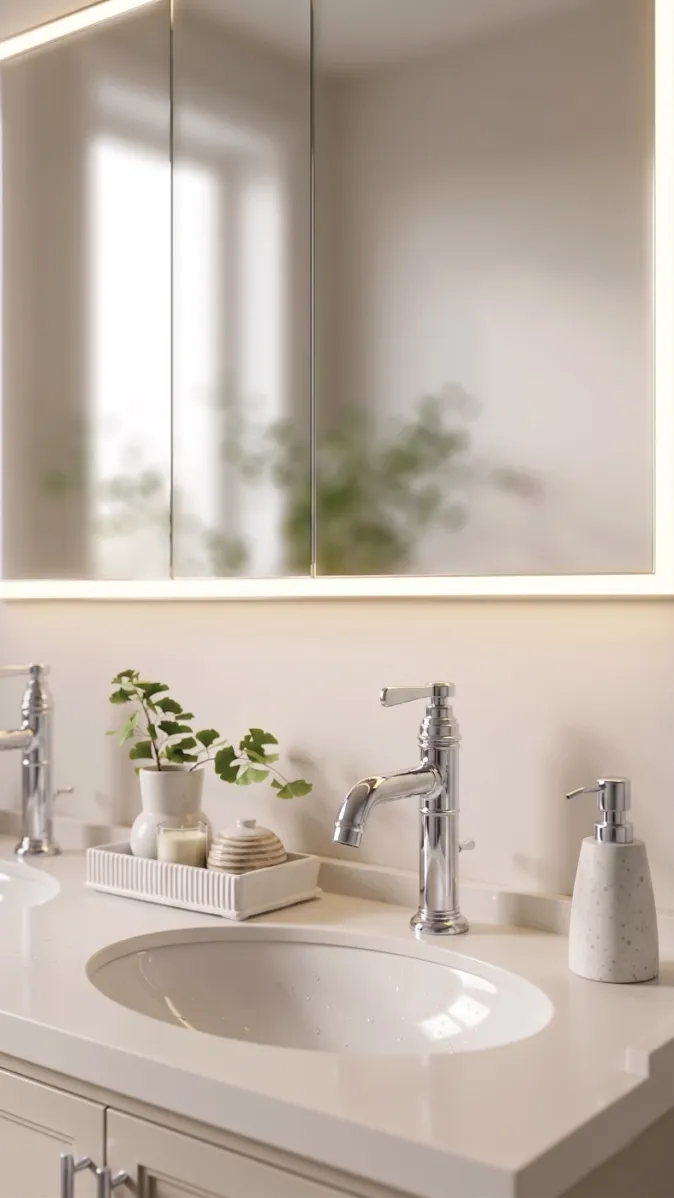 Exklusives Premium‑Duschbad mit Doppelwaschtisch, LED‑Spiegelschrank und dekorativen Naturakzenten
