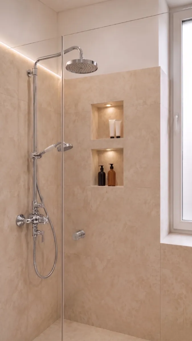 Exklusives Premium‑Duschbad mit rahmenloser Dusche, beleuchteten Nischen und Chrom‑Armaturen
