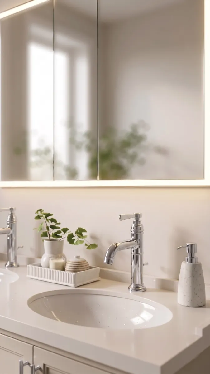 Exklusives Premium‑Duschbad mit Doppelwaschtisch, LED‑Spiegelschrank und dekorativen Naturakzenten