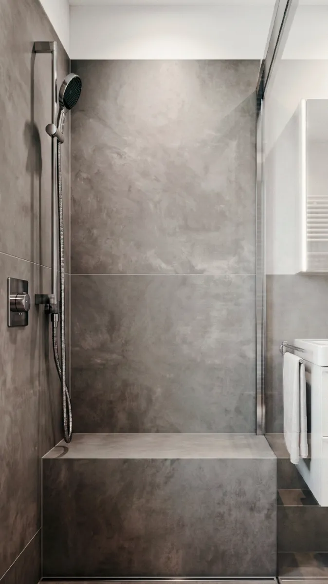 Bodengleiche Dusche mit Glasabtrennung und Sitzbank