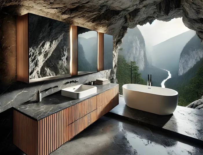 KI-generiertes Bild eines Badezimmers mit freistehender Badewanne in einer Felshöhle hoch über einem Flusstal. 