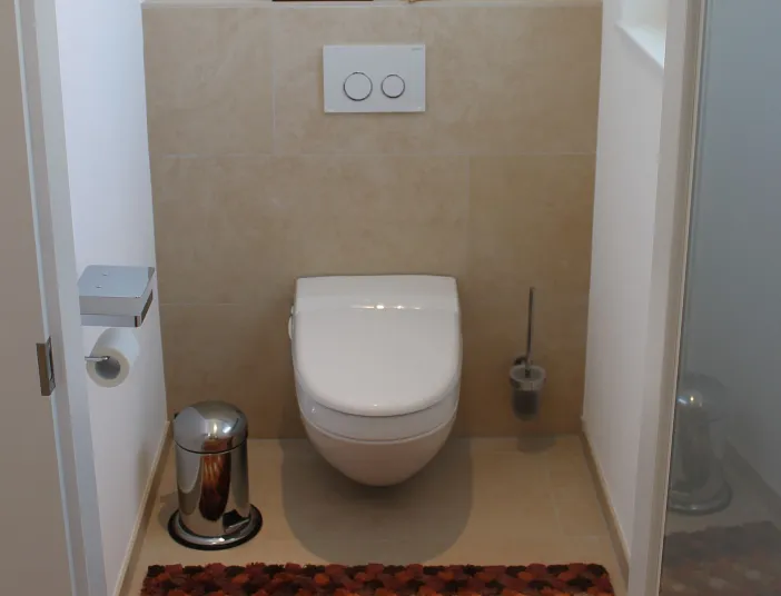 Minimalistisches WC mit einer wandmontierten Toilette und hochwertiger Natursteinverkleidung.