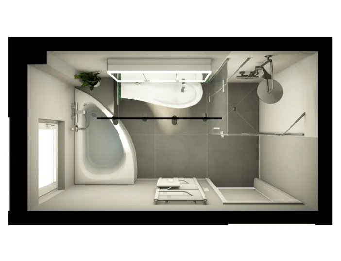 Stilvolles Vollbad mit Waschtisch und harmonischem Lichteinfall, passend für kleine Räume.