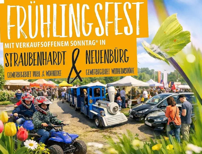 Flyer vom Frühlingsfest Straubenhardt & Neuenbürg auf denen Menschen, Zelte und verschieden Aktivitäten abgegbildet sind.