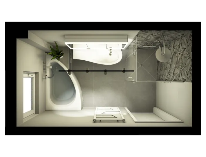 Stilvolles Vollbad mit Waschtisch und harmonischem Lichteinfall, passend für kleine Räume.