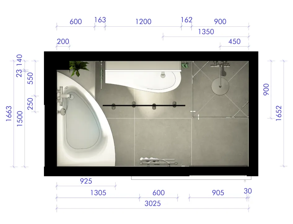 Detaillierte Badezimmerplanung mit Maßangaben, funktionaler Raumaufteilung und moderner Ausstattung.