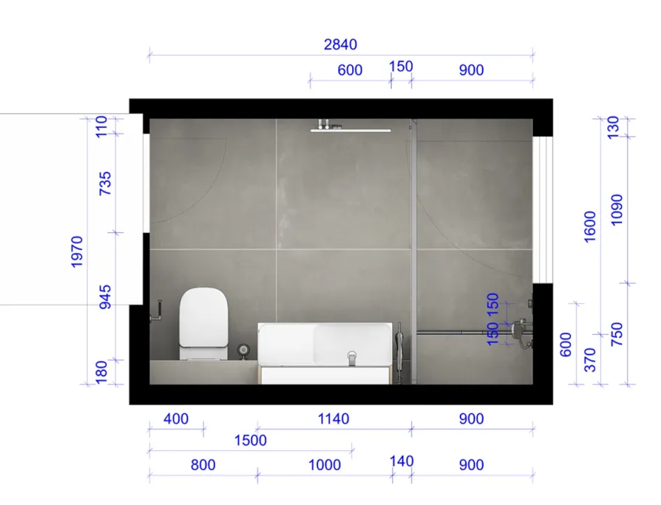 Grundriss Badezimmer mit Dusche, WC und Badewanne